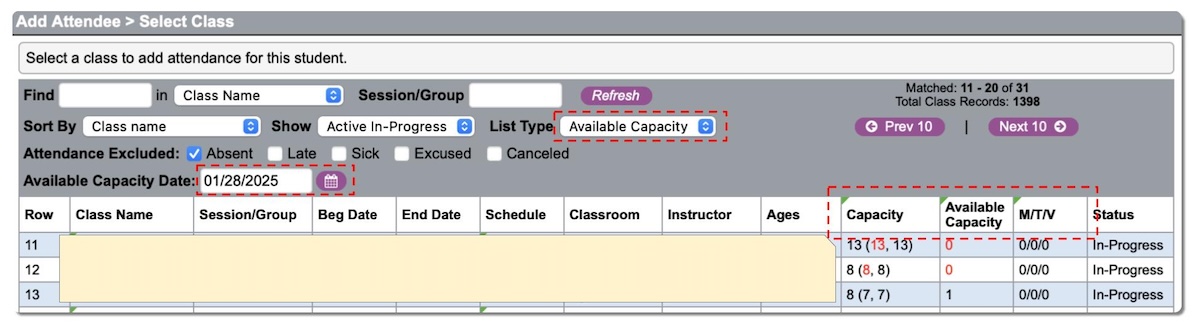 available capacity columns