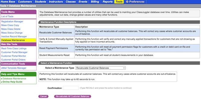 database maintenance screen