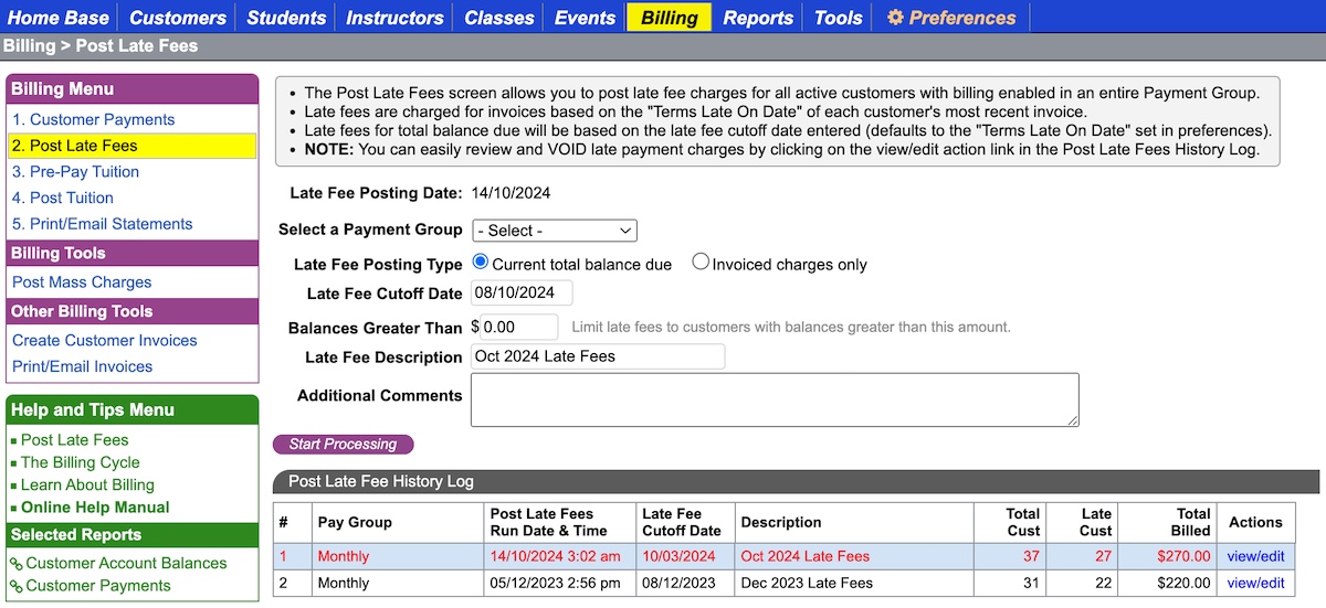 late fees screen